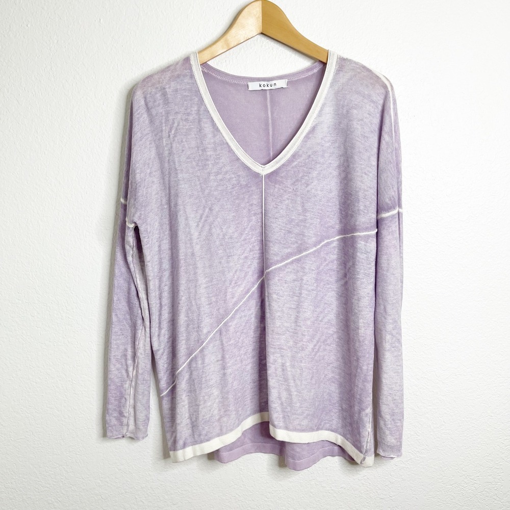 Kokun Womens Lavender Purple V-Neck Long Sleeve Slub Knit Sweater Contrast Trim